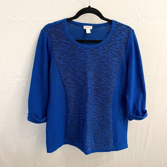 CHICO'S Women's Size 1 M Cobalt Royal Blue Lightweight Pop Over Top Blue & Black - Picture 1 of 5